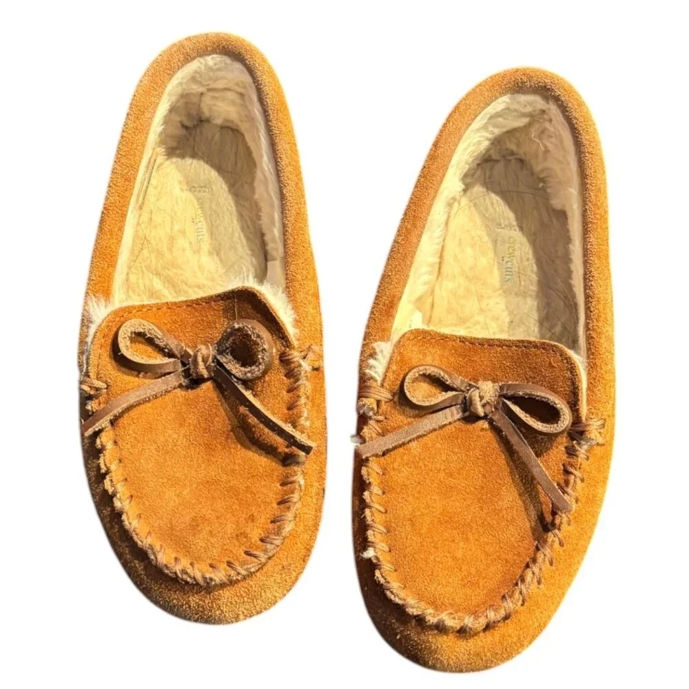 J Crew Crewcuts kids lodge moccasin slippers suede faux-shearling chestnut K3‎